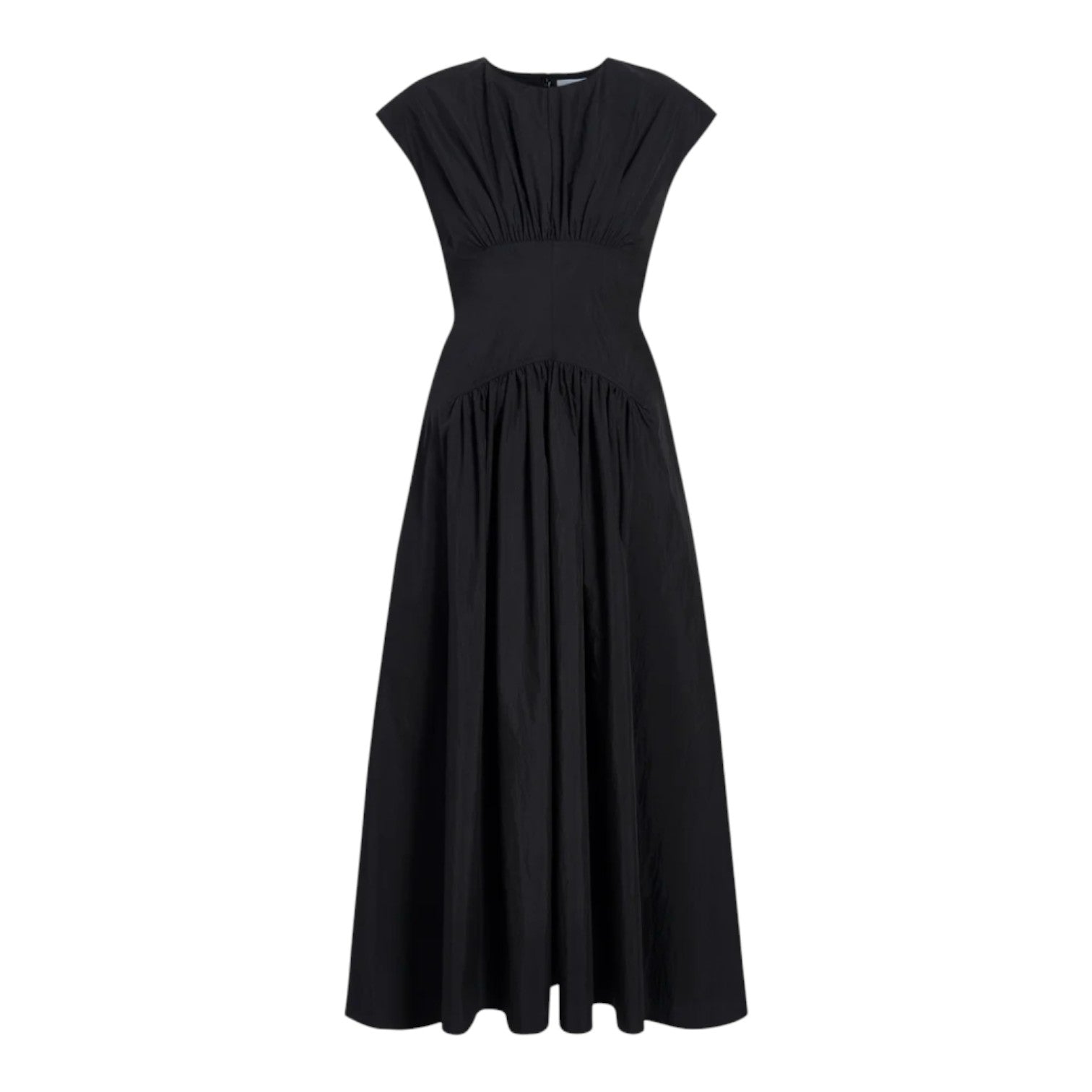 The Nyssa Dress by Proenza Schouler White Label is a long black dress featuring a gathered bodice, fitted waist, and flared A-line skirt, shown against a white background.