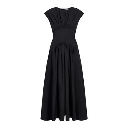 The Nyssa Dress by Proenza Schouler White Label is a long black dress featuring a gathered bodice, fitted waist, and flared A-line skirt, shown against a white background.