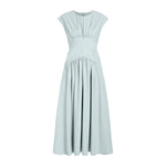 The Nyssa Dress by Proenza Schouler White Label is a light blue, sleeveless, floor-length tech cotton dress with gathered bust and waist and a flowing A-line skirt.