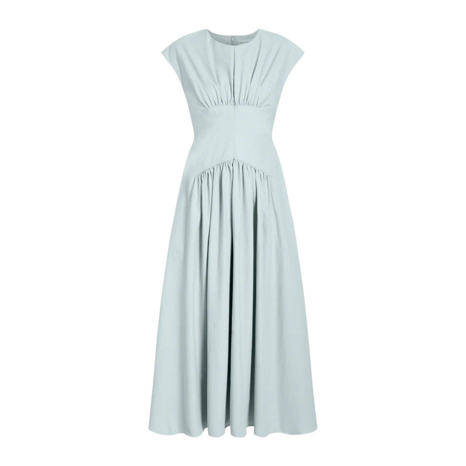 The Nyssa Dress by Proenza Schouler White Label is a light blue, sleeveless, floor-length tech cotton dress with gathered bust and waist and a flowing A-line skirt.