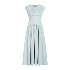 The Nyssa Dress by Proenza Schouler White Label is a light blue, sleeveless, floor-length tech cotton dress with gathered bust and waist and a flowing A-line skirt.