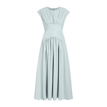 The Nyssa Dress by Proenza Schouler White Label is a light blue, sleeveless, floor-length tech cotton dress with gathered bust and waist and a flowing A-line skirt.