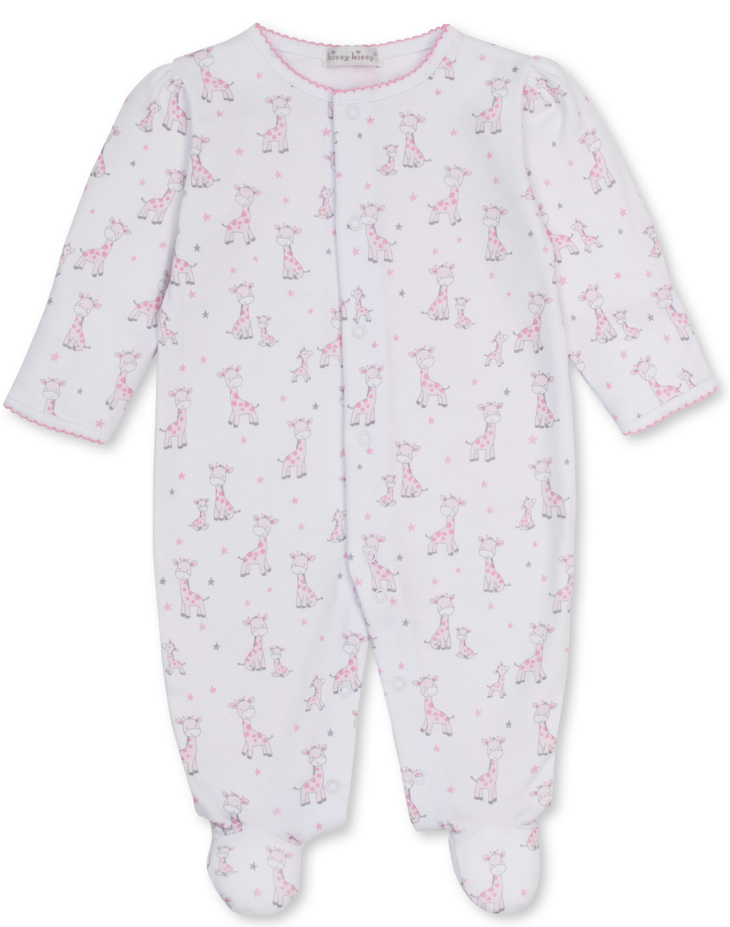 The Kissy Kissy Baby Just Giraffes Printed Footie is a white long-sleeve sleeper, beautifully crafted from soft Peruvian cotton. It features a delightful pink giraffe print with small star accents, delicate hand embroidery for added charm, and convenient snap buttons down the front.