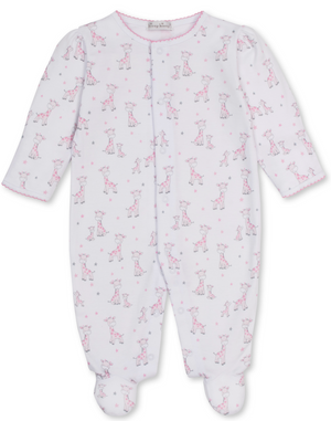 The Kissy Kissy Baby Just Giraffes Printed Footie is a white long-sleeve sleeper, beautifully crafted from soft Peruvian cotton. It features a delightful pink giraffe print with small star accents, delicate hand embroidery for added charm, and convenient snap buttons down the front.