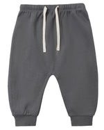 Quincy Mae Baby Boys’ and Boys’ Sweatpant in gray, featuring an elastic waistband, white drawstring, and ribbed cuffs, laid flat on a white background.