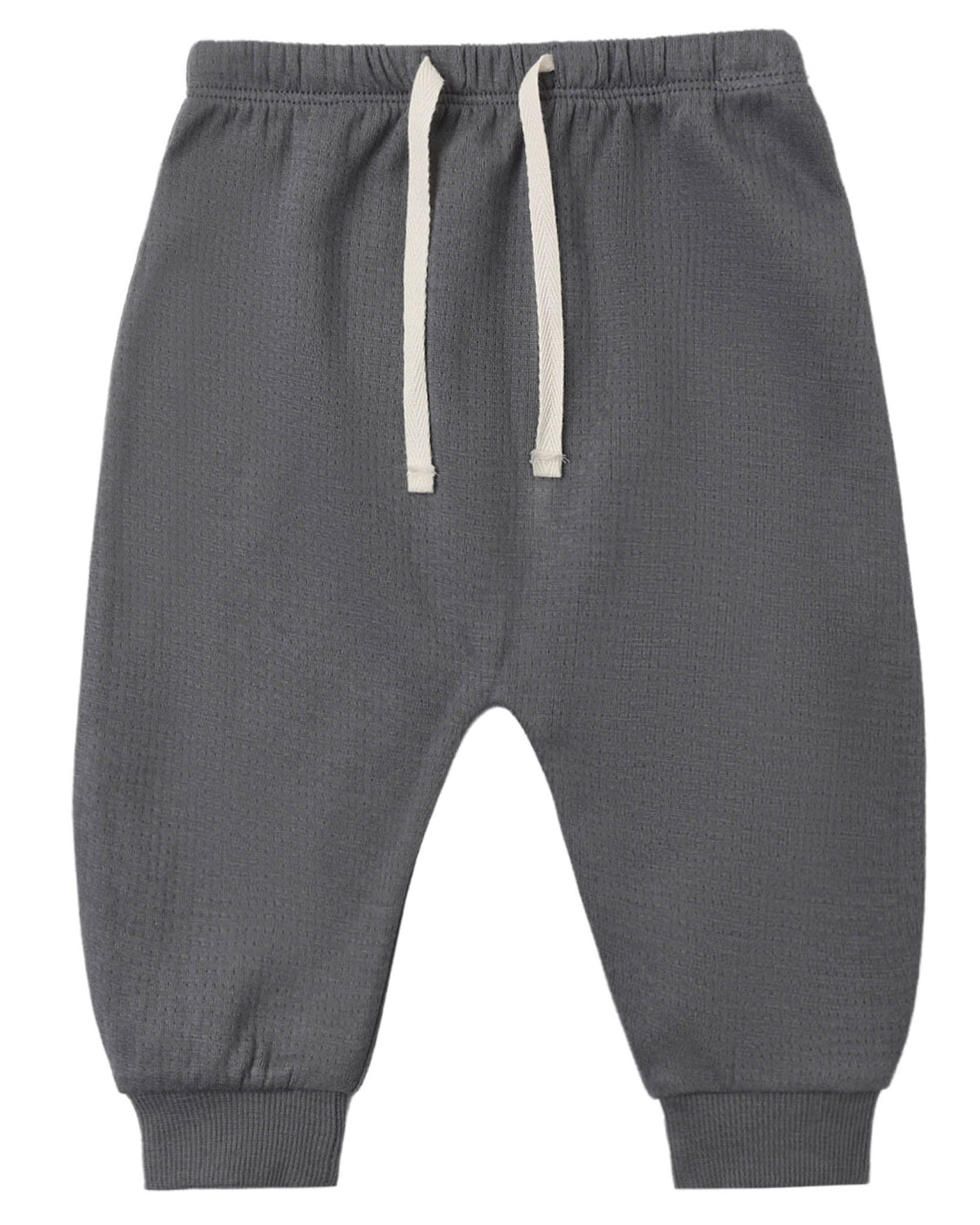 Quincy Mae Baby Boys’ and Boys’ Sweatpant in gray, featuring an elastic waistband, white drawstring, and ribbed cuffs, laid flat on a white background.