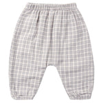 Quincy Mae Baby Boys’ and Boys’ Woven Pant in gray and white plaid, designed with an elastic waistband and gathered ankles, shown laid flat on a white background for a relaxed fit look.