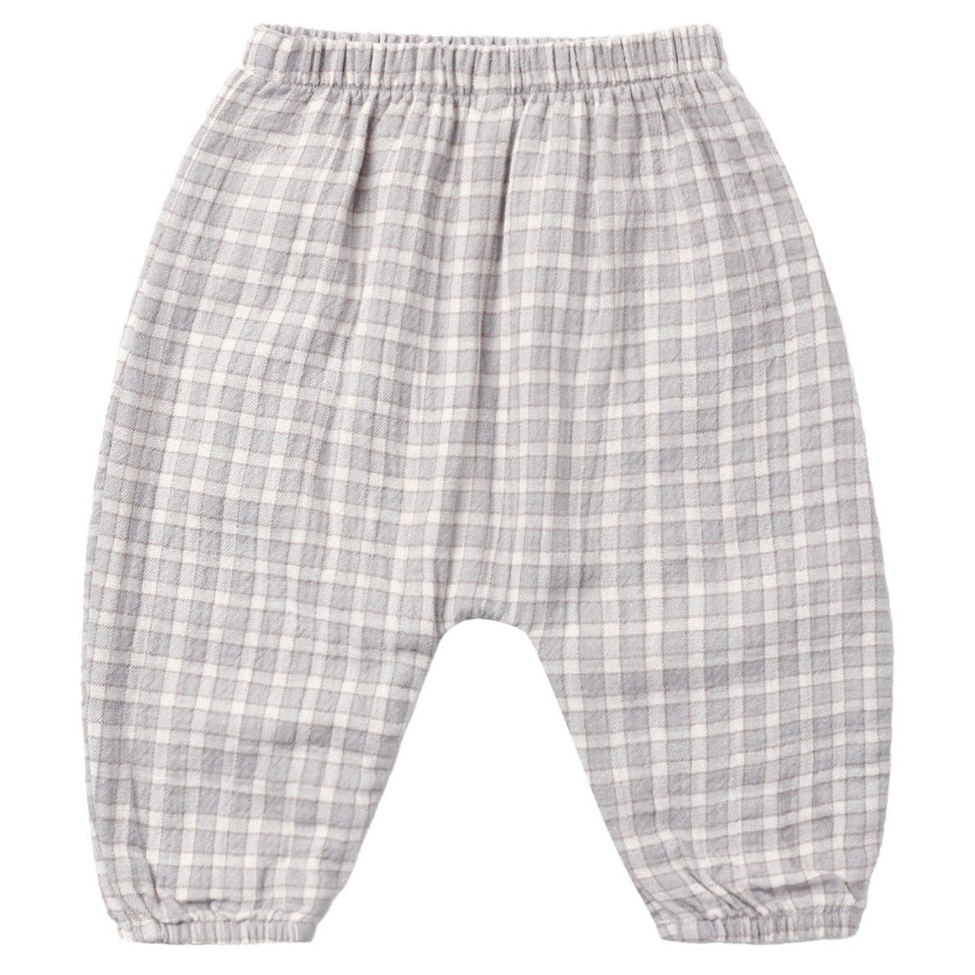Quincy Mae Baby Boys’ and Boys’ Woven Pant in gray and white plaid, designed with an elastic waistband and gathered ankles, shown laid flat on a white background for a relaxed fit look.
