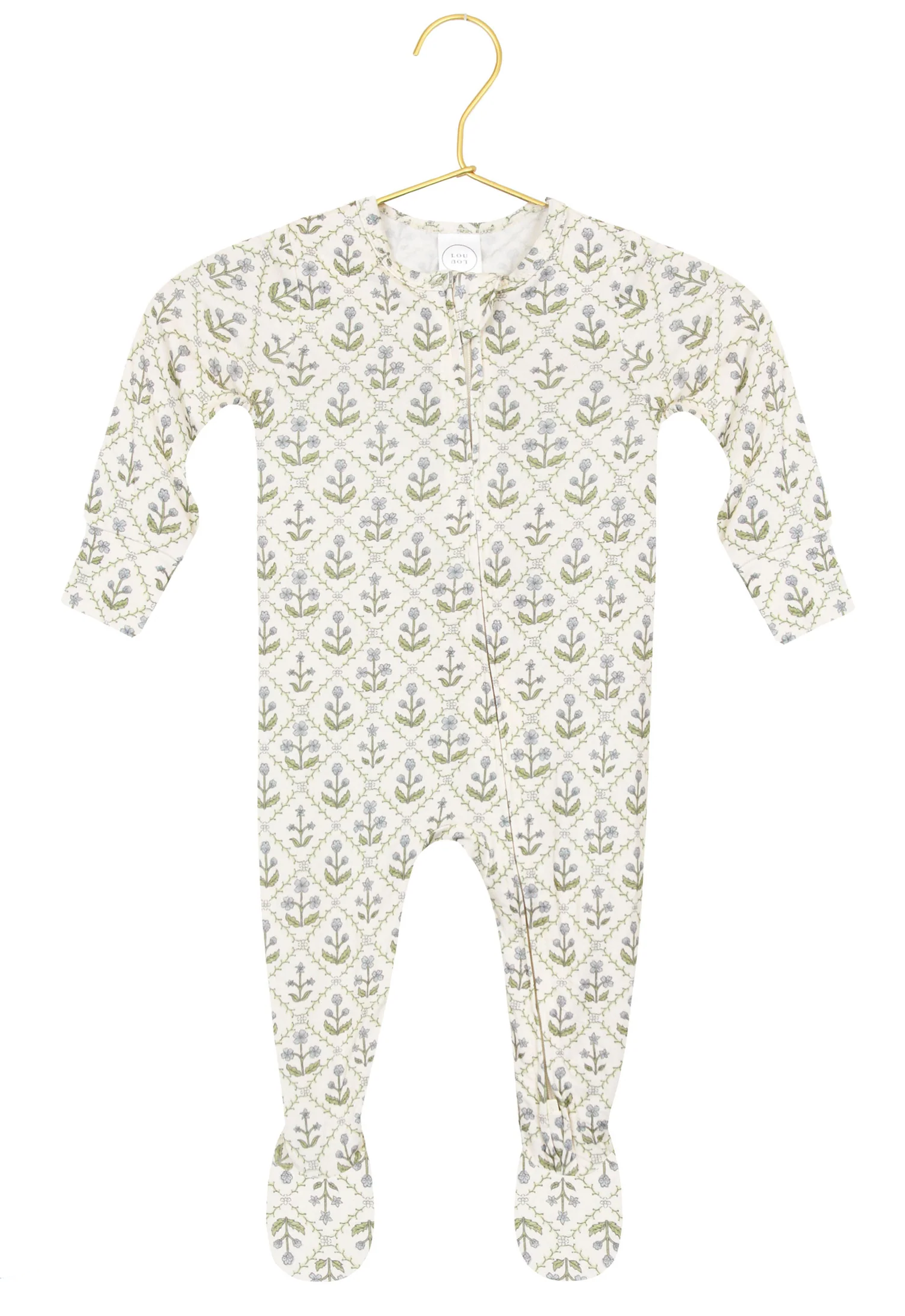 Lou Lou & Company’s Baby Girls’ Etta Zipper Footie is a cozy, long-sleeved onesie with a green and gray leafy pattern, shown on a gold hanger against a white background. Crafted from silky-soft fabric, it features convenient zipper footies for easy changes.