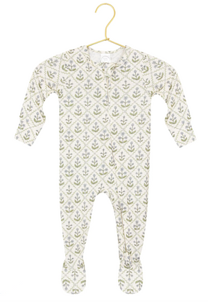 Lou Lou & Company’s Baby Girls’ Etta Zipper Footie is a cozy, long-sleeved onesie with a green and gray leafy pattern, shown on a gold hanger against a white background. Crafted from silky-soft fabric, it features convenient zipper footies for easy changes.