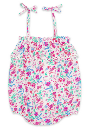The Feather 4 Arrow Baby Girls’ Bonita Romper is an infant bubble romper with a pink, green, and blue floral print, delicate crochet ruffle trim, and adjustable shoulder straps, shown on a white background.