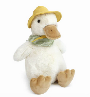 Puddles Duck by Mon Ami is a charming plush duck toy with a yellow hat and green checkered scarf. This adorable stuffed animal sits upright against a white background—perfect for Easter gifting.