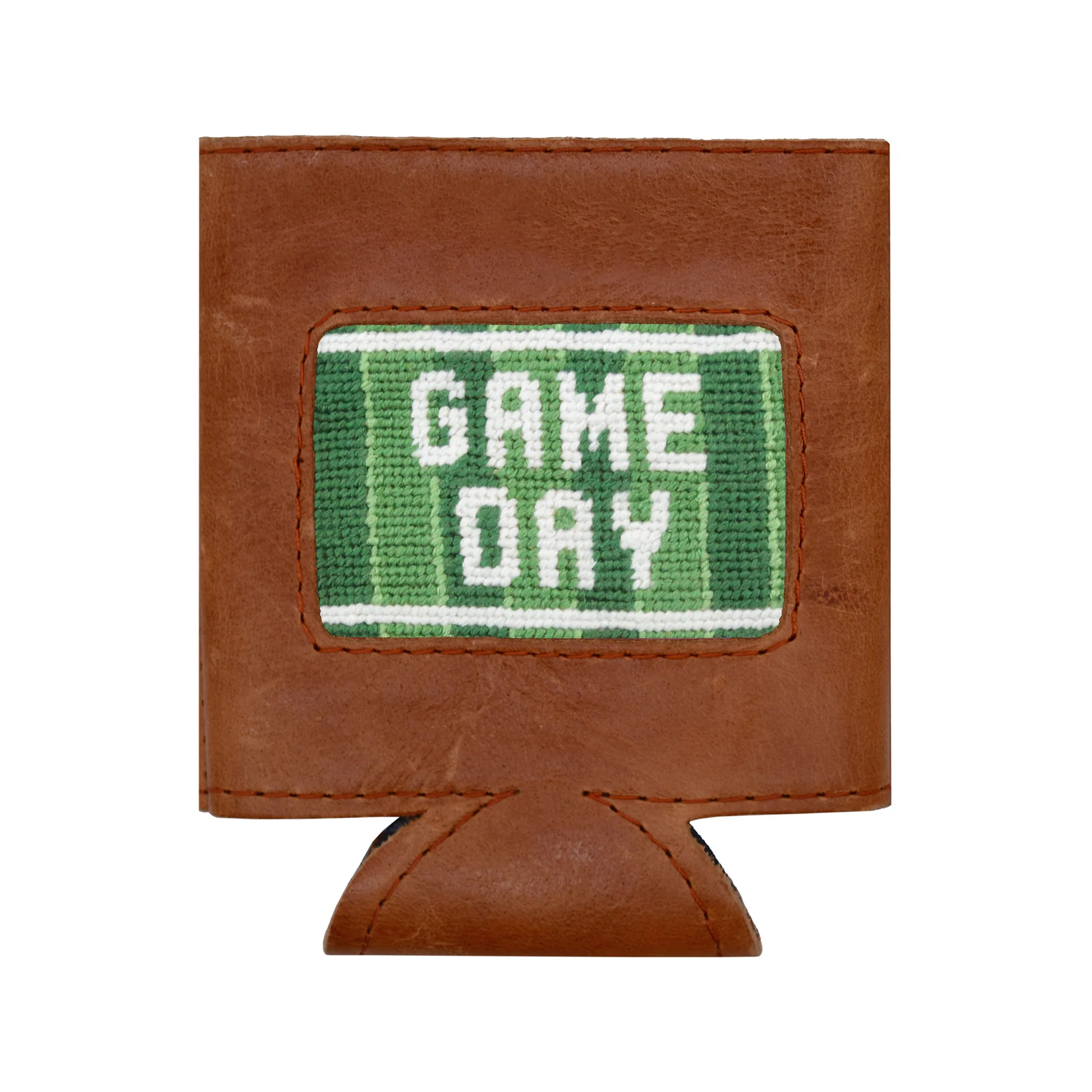 The Smathers & Branson Game Day Can Cooler features brown leather and a green and white stitched patch reading "GAME DAY" on the front. Blending timeless style with practical design, this can cooler keeps your beverage cold while bringing a sporty flair to any event.