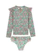 The Bonton Girls' Rashguard 2-Piece Set features a floral long-sleeved swim tee with ruffles and matching high-waisted bikini bottoms in green and pink, offering stylish UV protection.
