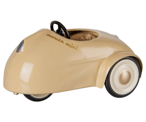 Beige, vintage-style “Car, Mouse - Wheat” by Maileg, featuring white wheels, a black steering wheel, and photographed on a plain white background.