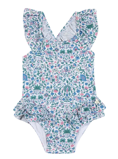 Tartine et Chocolat Baby Girls’ and Girls’ Liberty Printed Swimsuit, a one-piece featuring ruffled shoulders and waist, showcases a preppy swimwear-inspired floral pattern in blue, green, and pink on a white background.