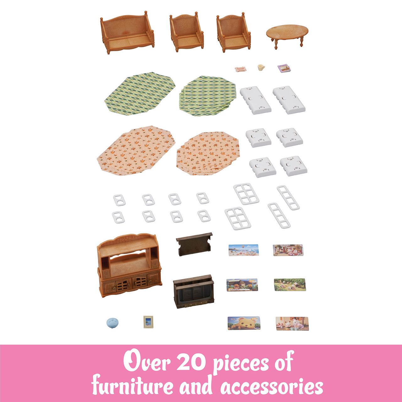 The Calico Critters Comfy Living Room Set features over 20 pieces of miniature furniture and accessories—including tables, chairs, beds, shelves, and patterned mats—perfectly arranged for any charming dollhouse; displayed on a white background with a pink label that reads “Over 20 pieces of furniture and accessories.”.