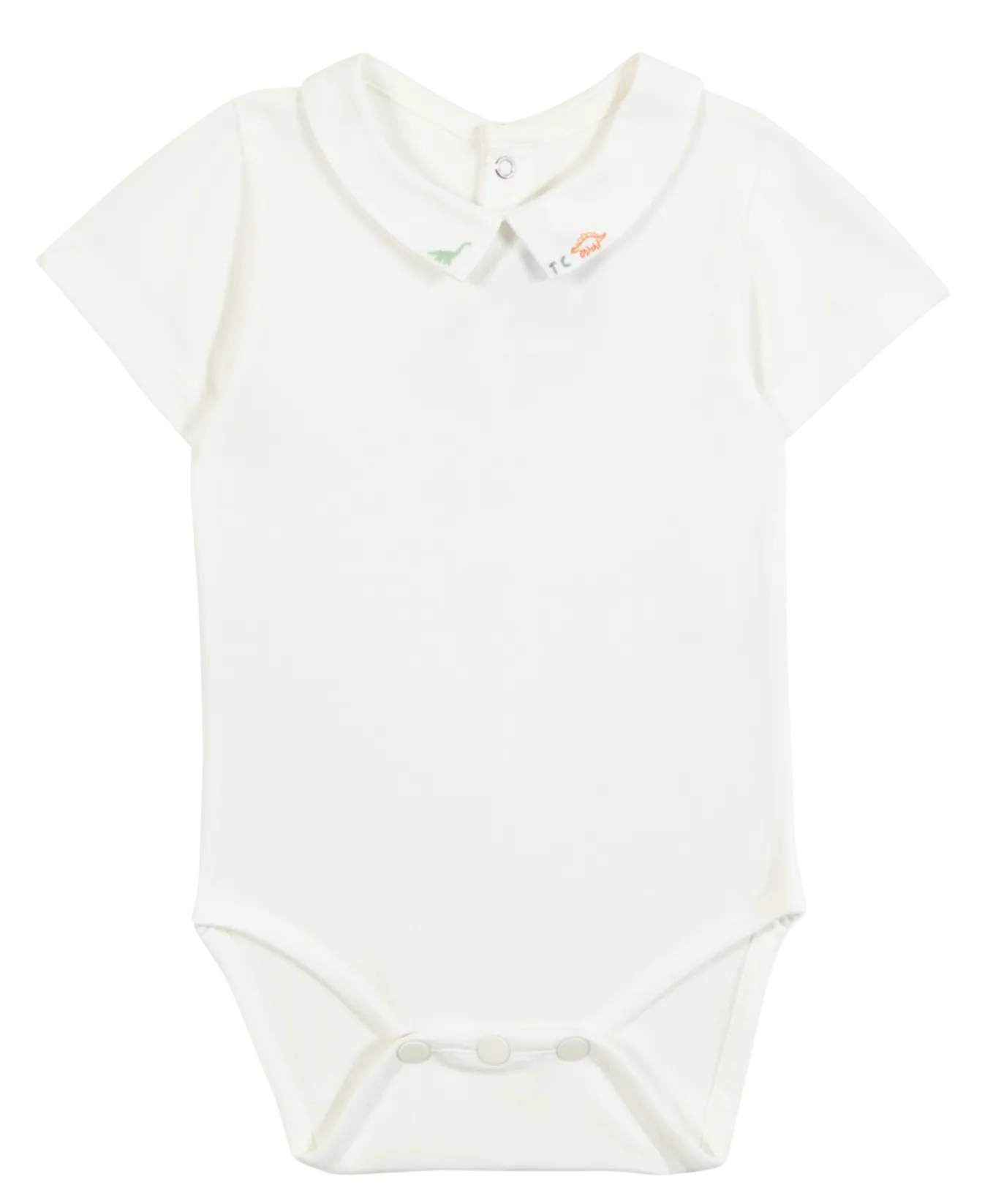 The Tartine et Chocolat Baby Boys’ Pointed Collar Onesie is a white ecru short-sleeve bodysuit featuring an elegant pointed collar with delicate small animal embroidery, along with snap closures at the bottom.
