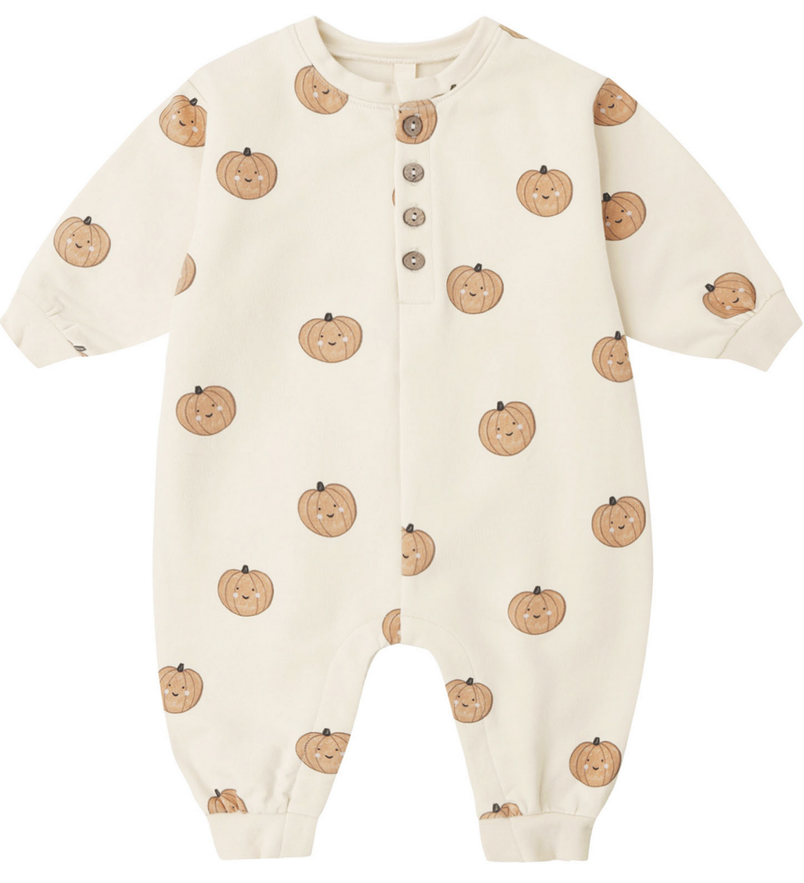 Keep your little one cozy and comfortable every day in the Quincy Mae Baby Relaxed Fleece Jumpsuit—a cream-colored, long-sleeve essential featuring brown buttons and an all-over smiling pumpkin print.