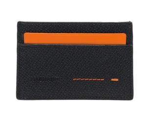 The Magnanni Card Holder is a black textured wallet featuring two card slots, with an orange card partially visible in the top slot. This lightweight accessory offers sleek organization for your essentials.