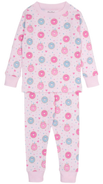The Kissy Kissy Baby Girls’ Sweet Donuts Pajama Set is a pink long-sleeve pajama set crafted from soft Pima cotton, featuring playful blue and pink donut and cat face patterns with small heart accents. Displayed flat on a white background, this set is perfect for fans of Kissy Kissy’s signature style.