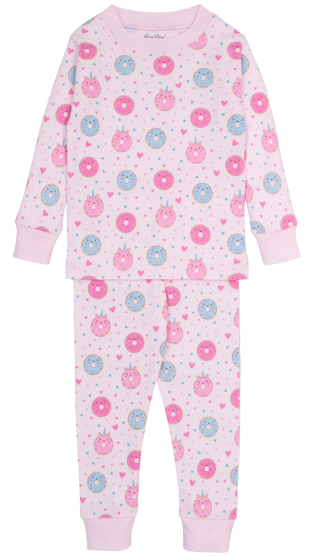 The Kissy Kissy Baby Girls’ Sweet Donuts Pajama Set is a pink long-sleeve pajama set crafted from soft Pima cotton, featuring playful blue and pink donut and cat face patterns with small heart accents. Displayed flat on a white background, this set is perfect for fans of Kissy Kissy’s signature style.