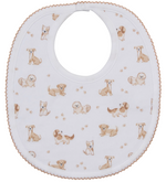The Kissy Kissy Puppy Paws Printed Bib features a snap closure and is crafted from soft Pima cotton, adorned with a delightful repeating pattern of cartoon puppies and small paw prints.