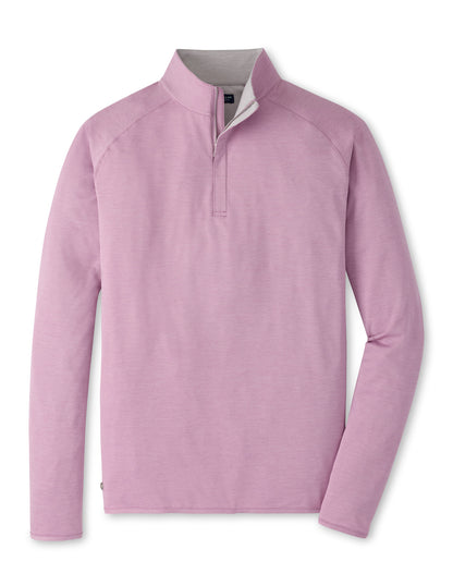 The Peter Millar Stealth Performance Quarter-Zip is a light purple long-sleeve pullover featuring a stand collar, simple design, four-way stretch fabric, and visible stitching details, shown on a white background.