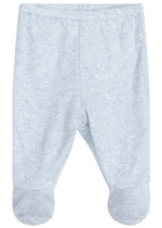 The Serendipity Newborn Rib Pants with Feet, crafted from soft organic cotton in a light blue shade, are displayed flat against a plain background.
