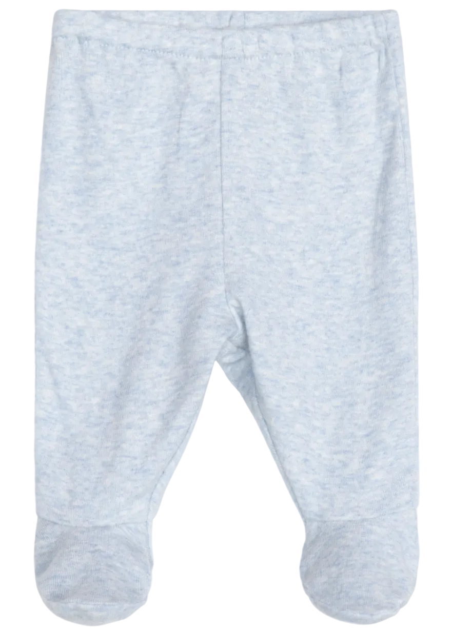 The Serendipity Newborn Rib Pants with Feet, crafted from soft organic cotton in a light blue shade, are displayed flat against a plain background.