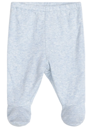 The Serendipity Newborn Rib Pants with Feet, crafted from soft organic cotton in a light blue shade, are displayed flat against a plain background.
