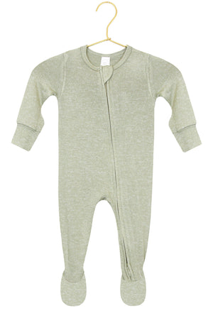 Lou Lou & Company Baby Collins Plush Knit Zipper Footie in light green, featuring long sleeves, footed bottoms, silky-soft plush knit fabric, a front zipper closure, ribbed cuffs, and displayed on a gold hanger against a white background.