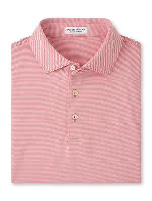 The Peter Millar Jubilee Performance Jersey Polo is a folded red and white striped shirt with a collar, three buttons, UPF 50+ sun protection, and the "Peter Millar" label inside the neckline.