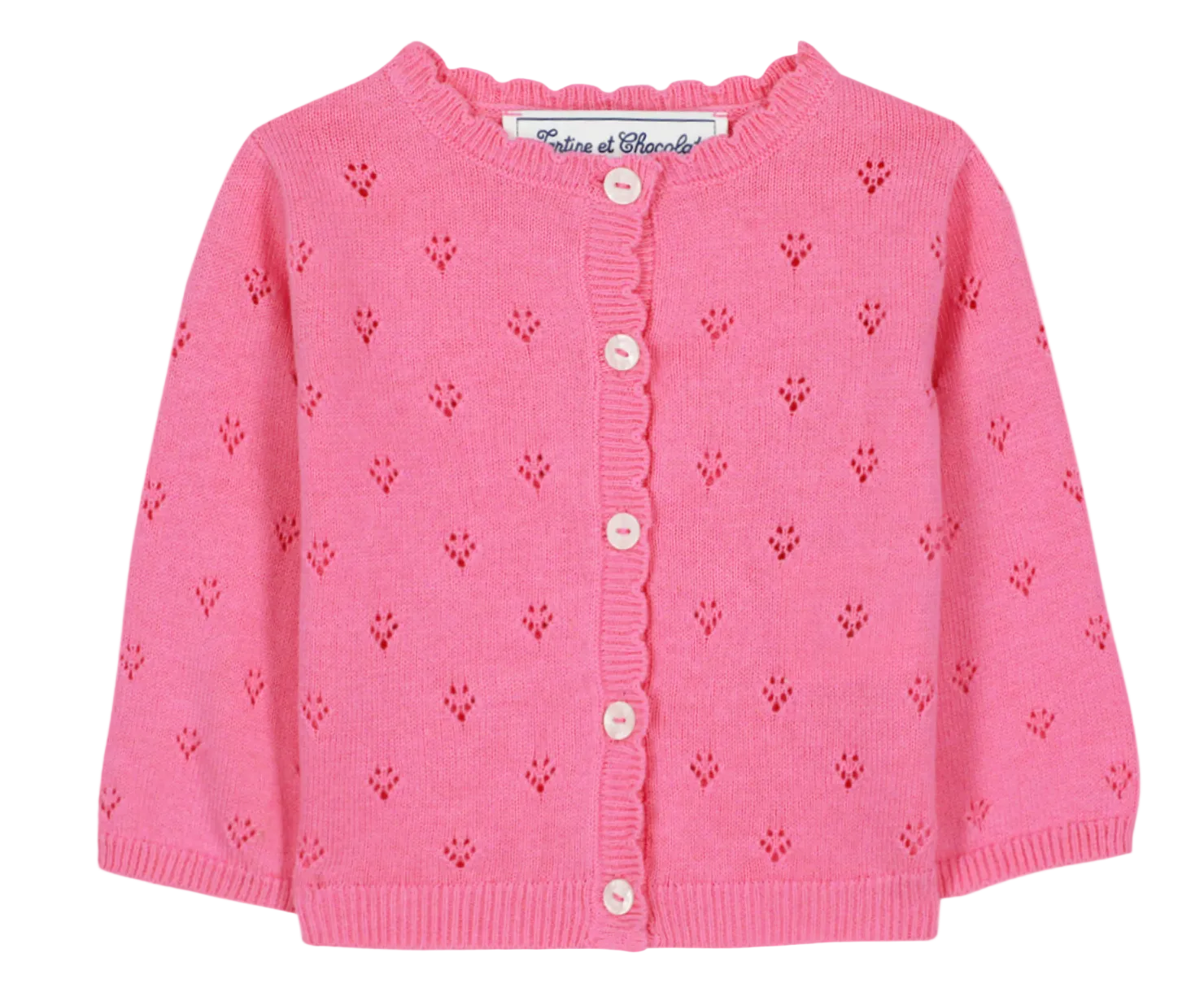 The Tartine et Chocolat Baby Girls’ and Girls’ Openwork Cardigan is crafted in a soft pink knit with a delicate eyelet pattern, long sleeves, classic white buttons down the front, and a charming ruffled neckline—an ideal layering piece for any occasion.