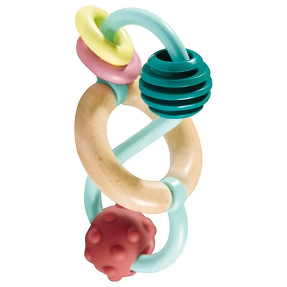 The Hape Bead Maze is a baby teething toy with interlocking wooden and plastic rings in teal, yellow, pink, and red. It features various textures and shapes for a sensory experience that helps develop fine motor skills.