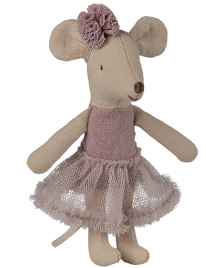 Heather Ballerina Mouse - Little Sister by Maileg stands upright against a white background, dressed in a pink dress and matching headband adorned with fabric flowers, ready to dance and play.