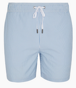 The Charles 5" Swim Trunk by Onia features light blue and white vertical stripes, classic tailoring, a white drawstring with metal tips at the waistband, and quick-dry fabric.