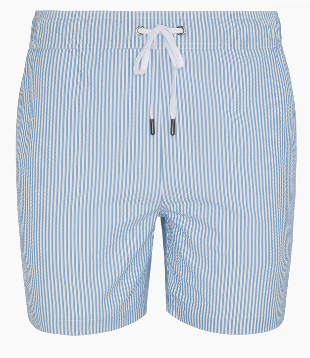 The Charles 5" Swim Trunk by Onia features light blue and white vertical stripes, classic tailoring, a white drawstring with metal tips at the waistband, and quick-dry fabric.