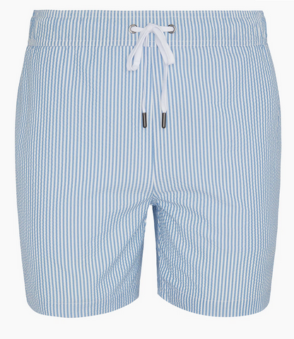 The Charles 5" Swim Trunk by Onia features light blue and white vertical stripes, classic tailoring, a white drawstring with metal tips at the waistband, and quick-dry fabric.