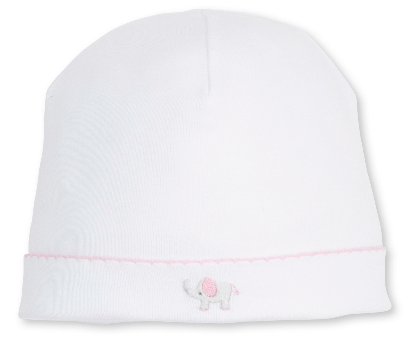 The Kissy Kissy Baby SCE Jungle Hang Out Hat is a white infant hat crafted from soft Peruvian cotton, featuring a pink-trimmed edge and a hand-embroidered gray elephant with a pink ear on the front.