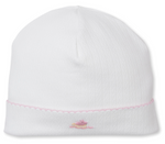 The Kissy Kissy Premier Noah's Ark Hat with Hand Emb. is a white Pima cotton baby hat with pink scalloped trim and hand-embroidered small pink bear on the front.