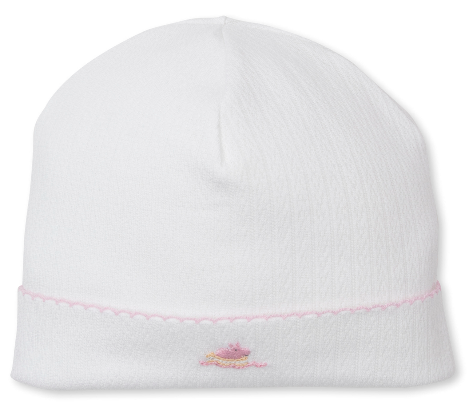 The Kissy Kissy Premier Noah's Ark Hat with Hand Emb. is a white Pima cotton baby hat with pink scalloped trim and hand-embroidered small pink bear on the front.