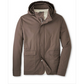 The Discovery Field Jacket by Peter Millar is a brown hooded travel jacket with a front zipper, button closure, crafted from performance twill, featuring two front pockets and long sleeves.