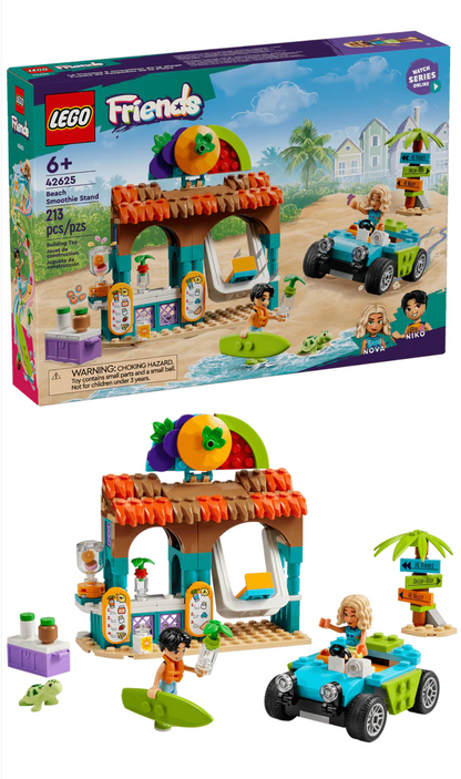 The LEGO® Friends Beach Smoothie Stand by Legos - Toyhouse offers endless fun with its 213 pieces, featuring a colorful stand, a surfboard, a car, and two minifigures. It's an ideal set for inspiring creative play and sparking imaginations!