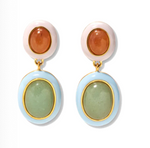 Introducing the Papaya Earrings by Lizzie Fortunato—a vibrant pair of drop earrings featuring a summery palette with pink and orange studs, shimmering gold trim, and dangling green ovals framed in light blue.