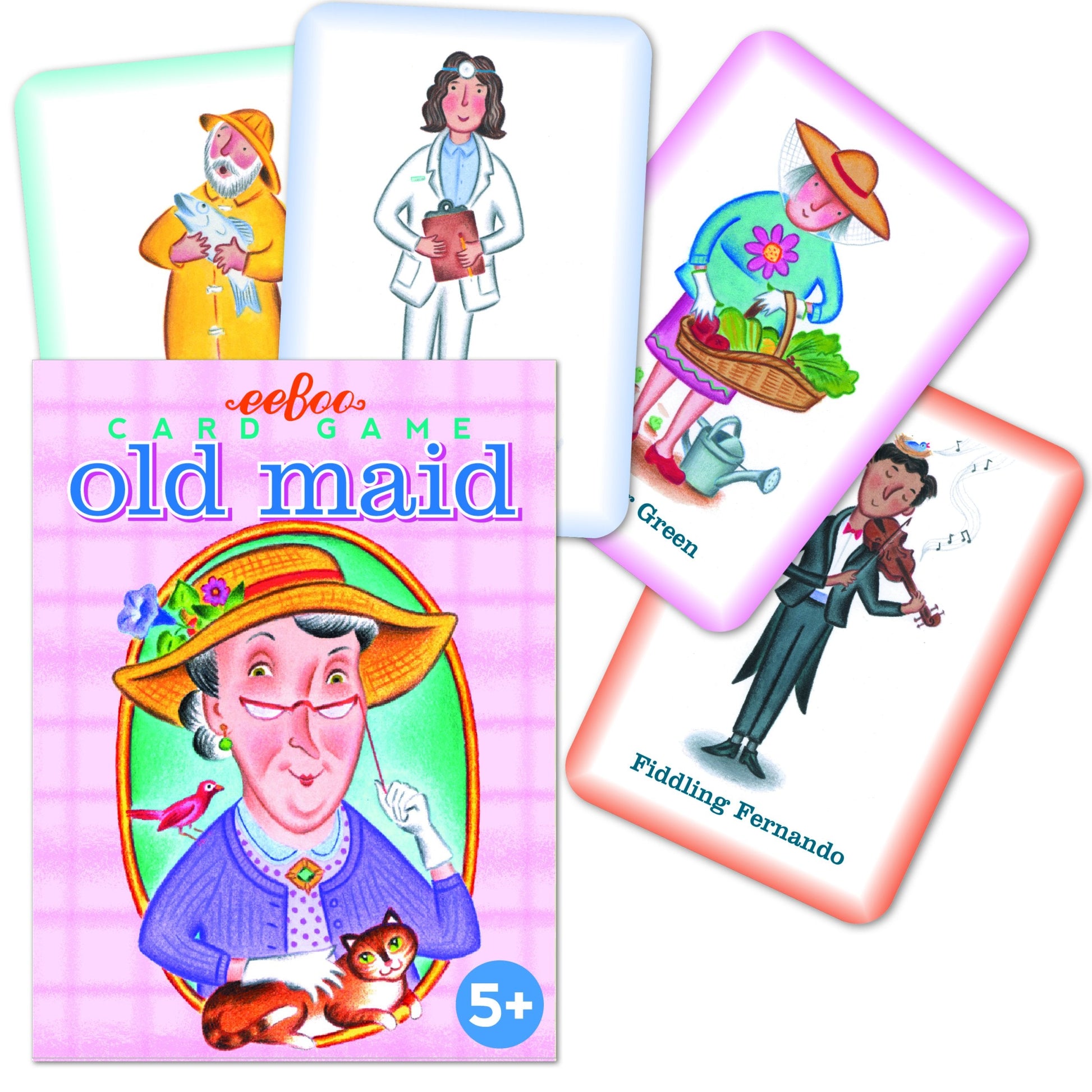 Box and cards from Eeboo's Old Maid Playing Cards, a classic matching game with illustrated characters such as a gardener, baker, violinist, and an elderly woman with a cat.