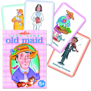 Box and cards from Eeboo's Old Maid Playing Cards, a classic matching game with illustrated characters such as a gardener, baker, violinist, and an elderly woman with a cat.