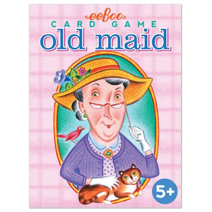 Eeboo's Old Maid Playing Cards feature an illustrated cover of an elderly woman in a yellow hat holding a cat with a bird on her shoulder. Labeled for ages 5+, this classic matching game is perfect for family fun.