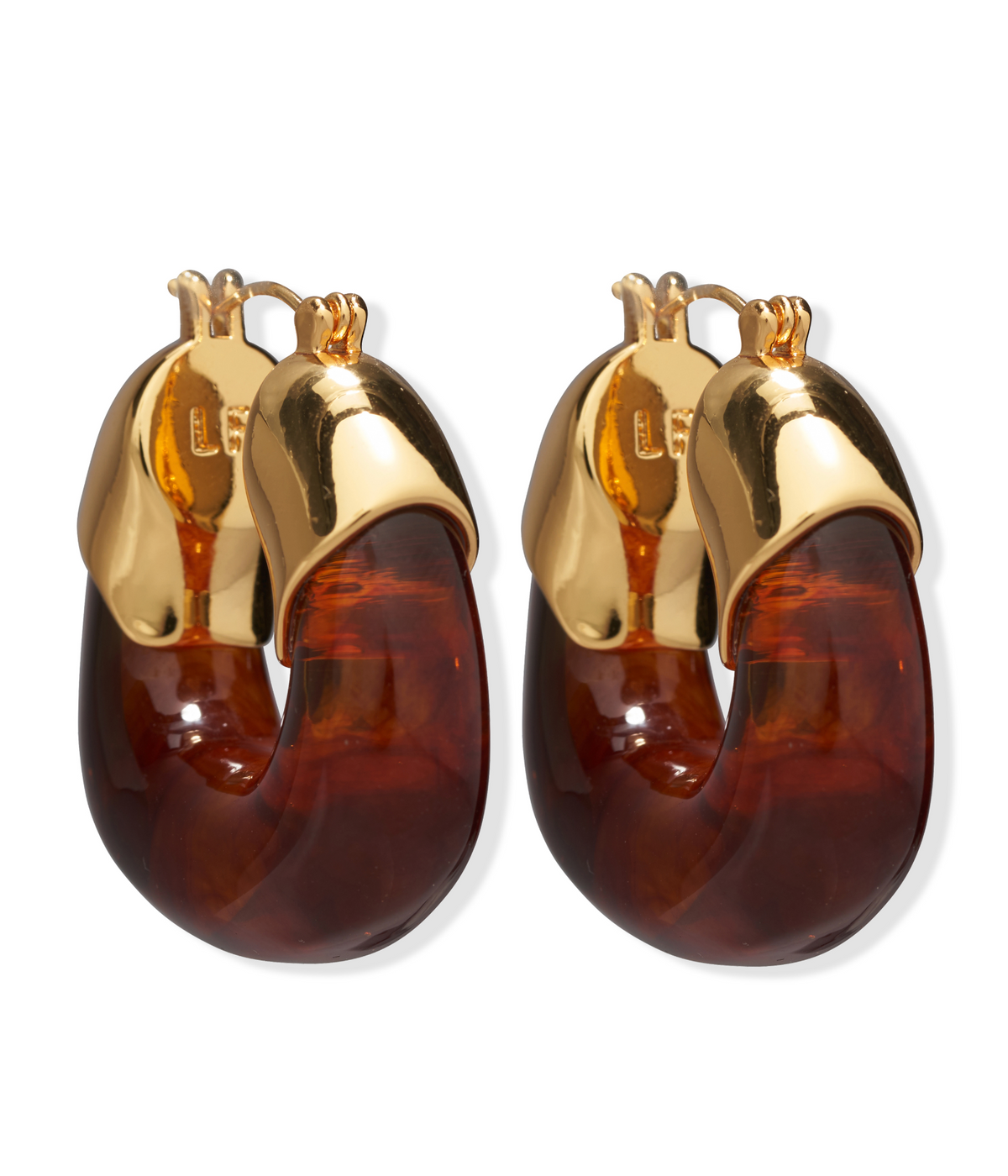 The Lizzie Fortunato Organic Gold Hoops feature chunky, translucent brown resin hoops and gold-tone metal tops, shown against a white background.