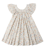 The Girls' Lucia Dress by Rylee & Cru is a short-sleeved, knee-length summer dress with a wide gathered neckline and a soft pastel blue floral print.